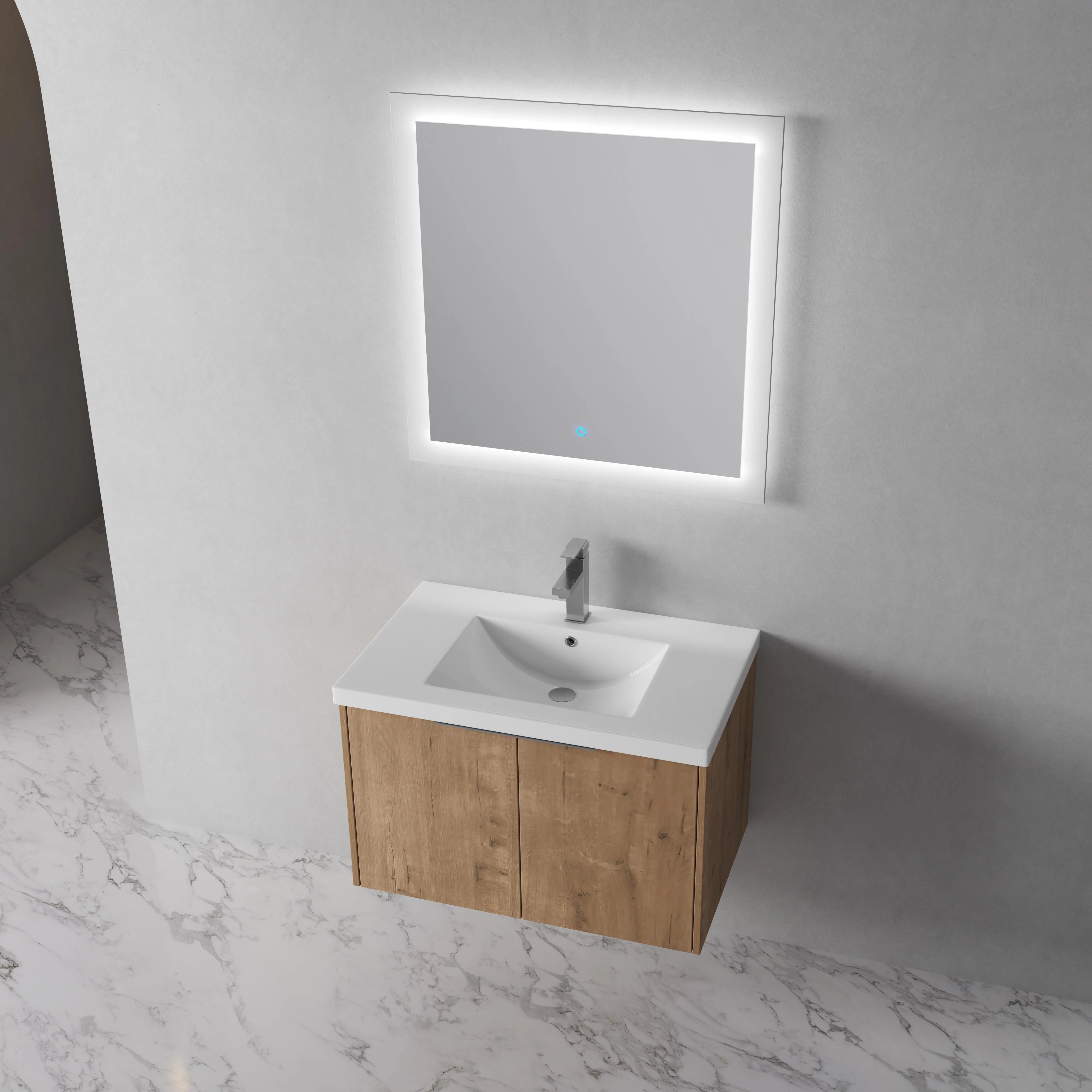 Angled view of the Monterey 30-inch floating vanity in imitative oak, featuring an resin sink and illuminated mirror.