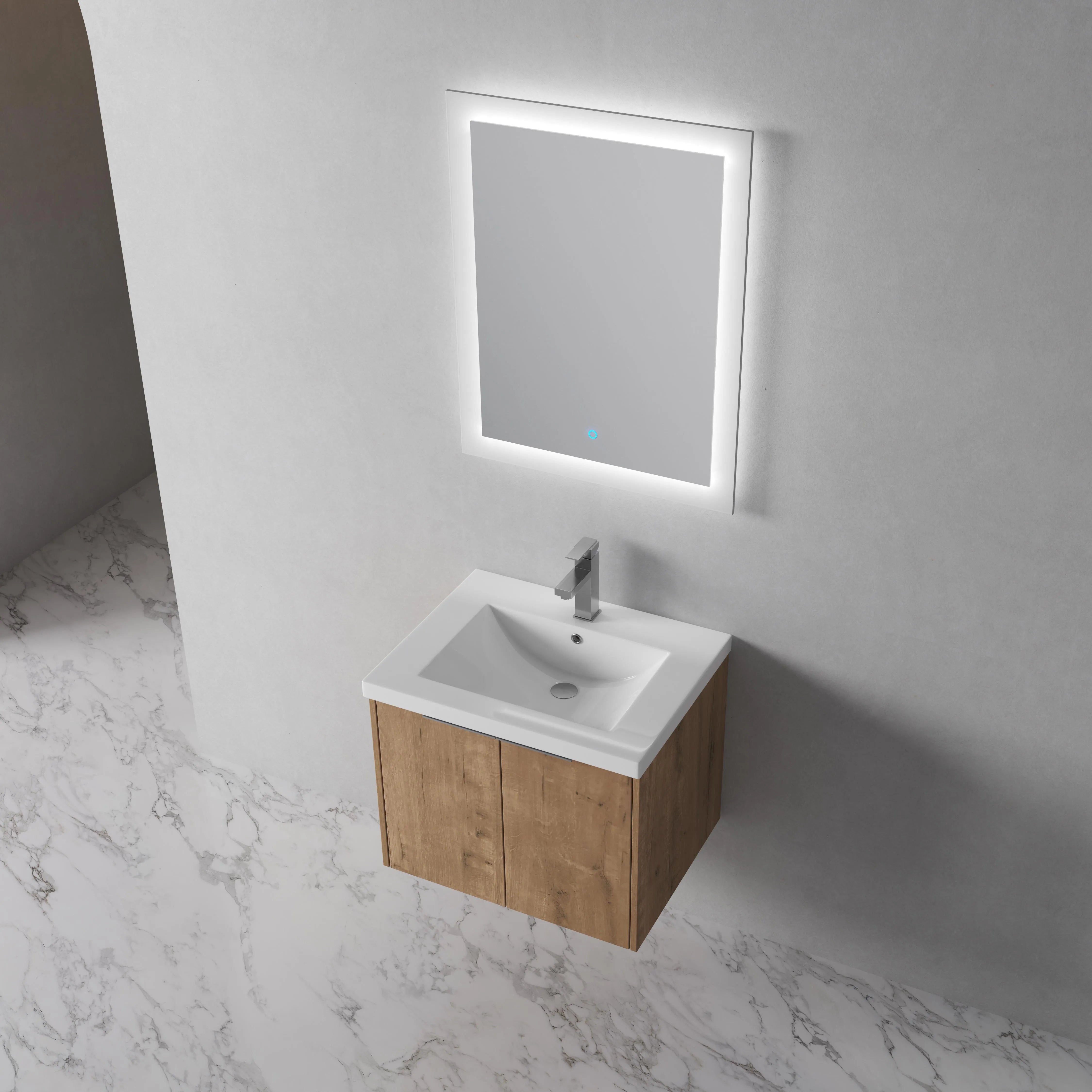 24 inch imitative oak bathroom vanity installed in a modern marble bathroom with chrome faucet and LED mirror.