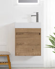 Lifestyle bathroom scene featuring 18" wall mount bathroom sink vanity in a bright, modern interior | Ace Decor