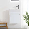 18" white bathroom sink with vanity shown wall-mounted in a bright modern bathroom | Ace Decor