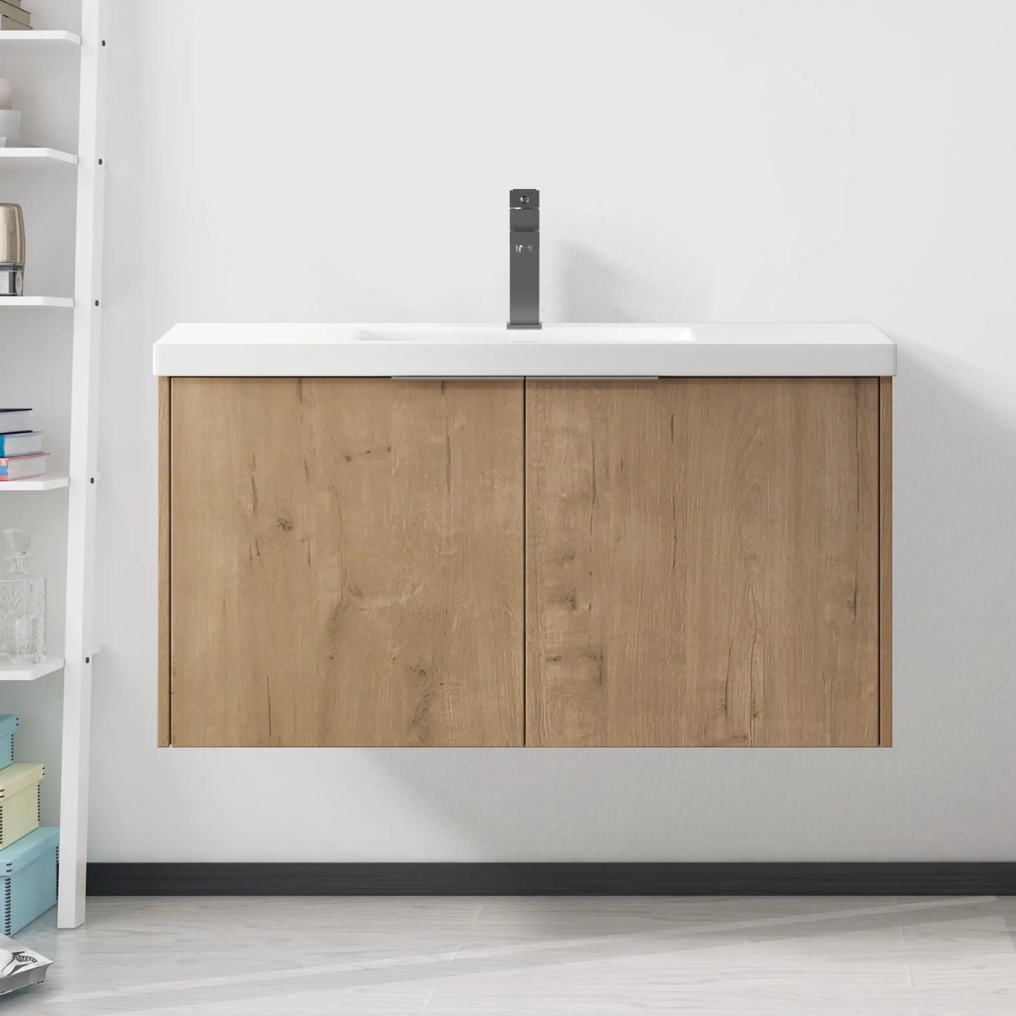 Floating Bathroom Cabinet with Sink & Soft-Close Doors - Ideal for Small Bathrooms color: Imitative Oak | size: 35 inch | combination: Separate Wash Basin