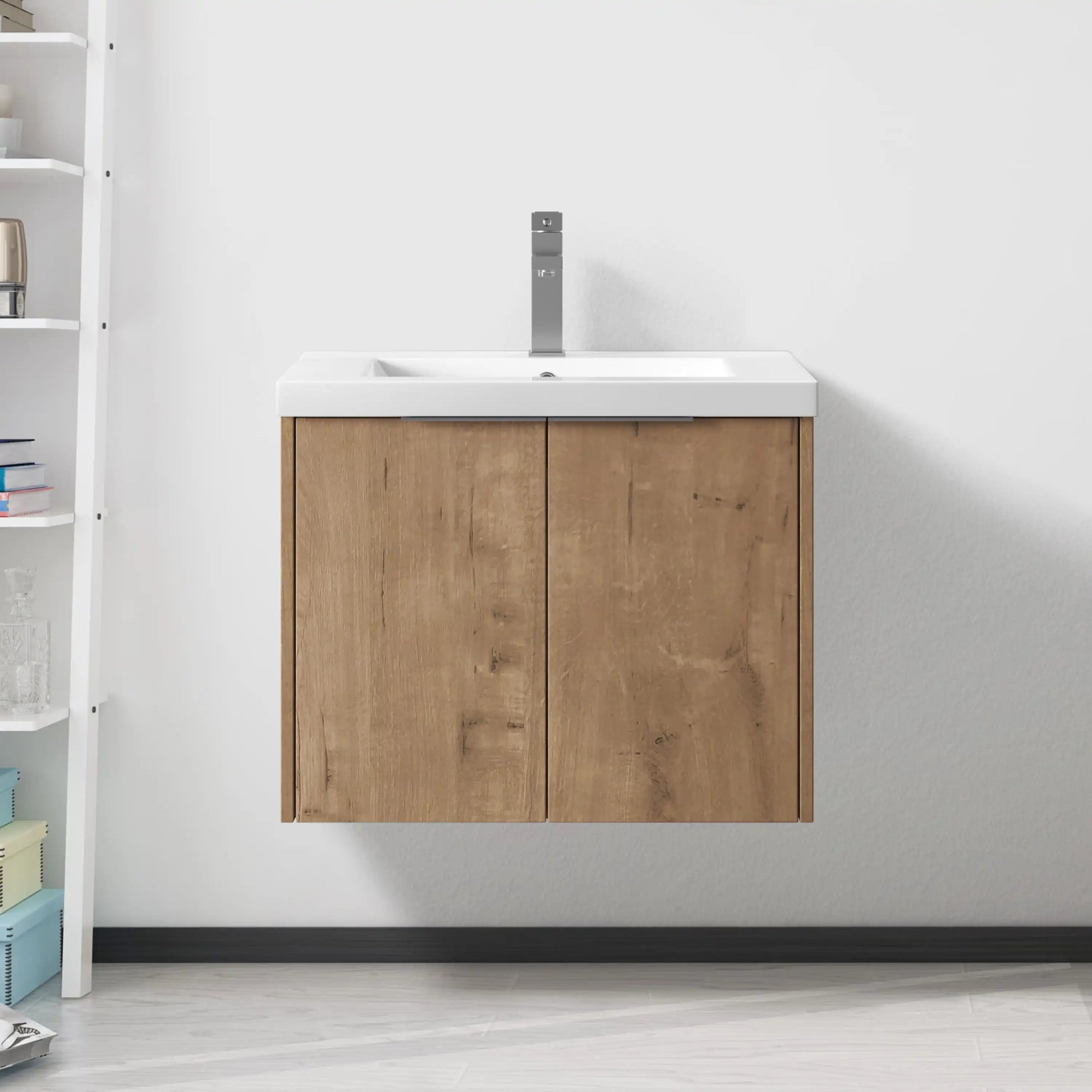 Floating Bathroom Cabinet with Sink & Soft-Close Doors - Ideal for Small Bathrooms color: Imitative Oak | size: 24 inch | combination: Separate Wash Basin