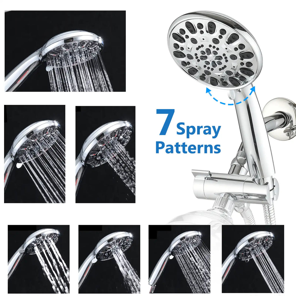Briar dual shower system handheld shower head with 7 spray modes and silicone nozzles in chrome finish.