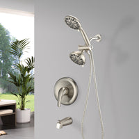 Briar brushed nickel 2-in-1 dual shower system installed in a modern bathroom.