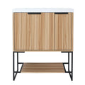 30" freestanding makeup vanity in maple with fluted cabinet doors and open shelf | Ace Decor