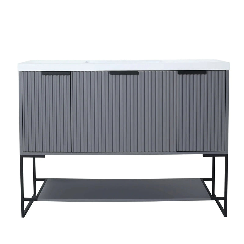 48” Rock Grey Freestanding Single Sink Vanity with Drawers, Soft-Close Storage & Open Shelf