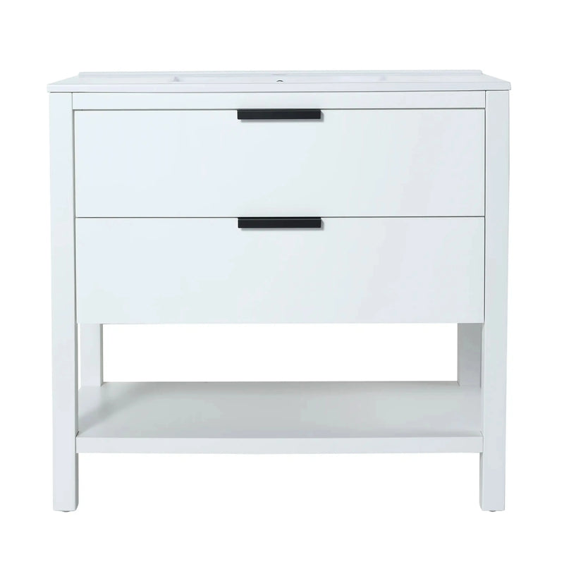 36'' White Freestanding Bathroom Vanity with Sink – 2 Drawers & Open Shelf