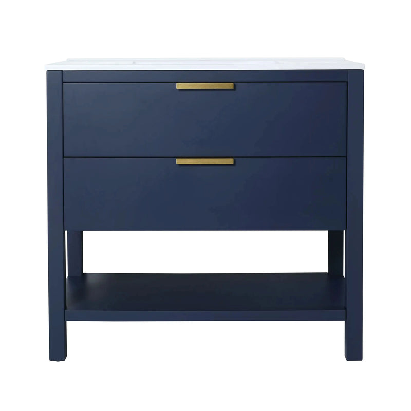 36" Navy Blue Freestanding Bathroom Vanity with Sink – 2 Drawers & Open Shelf