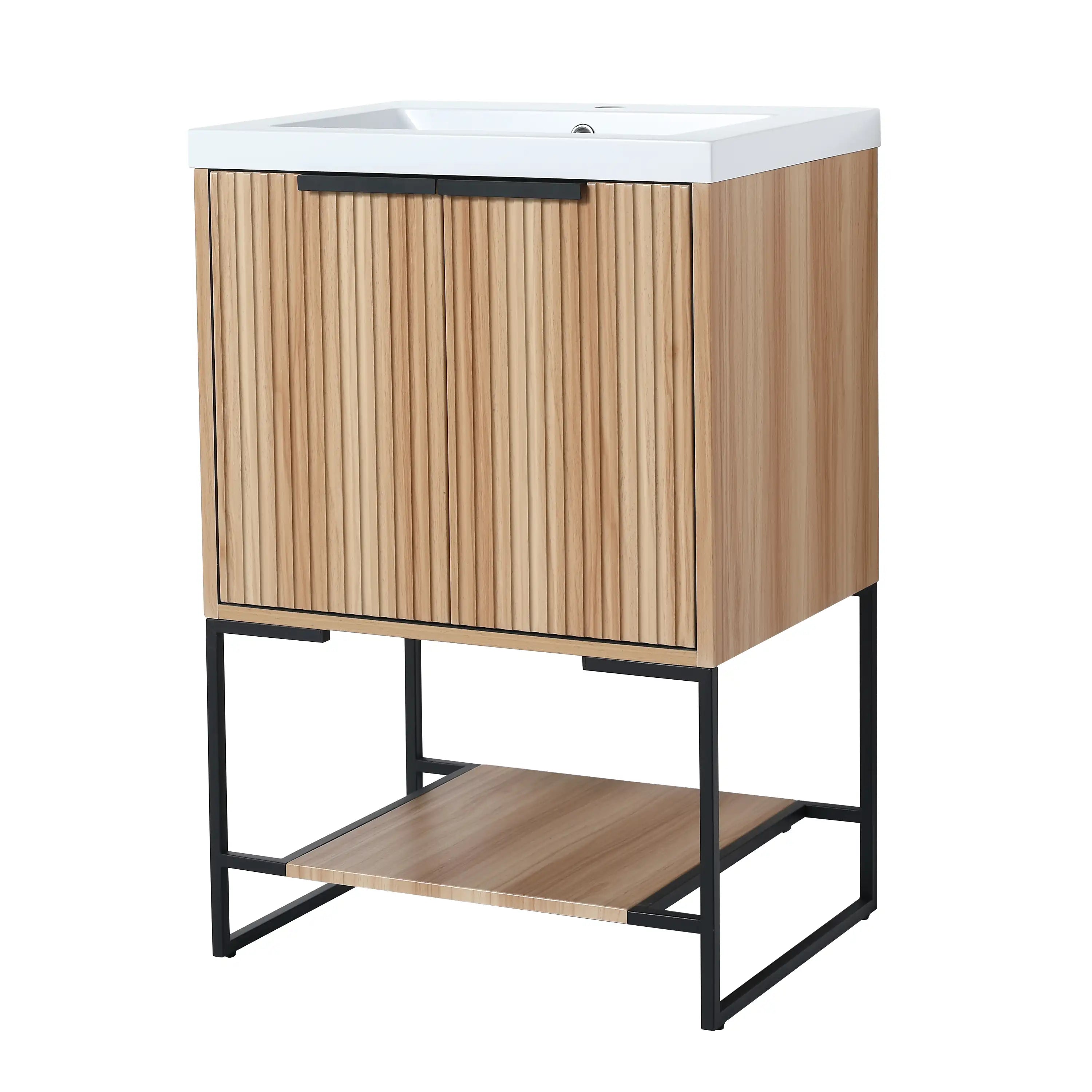 Striata Series 24 inch bathroom vanity with resin sink front view showing fluted maple door design.