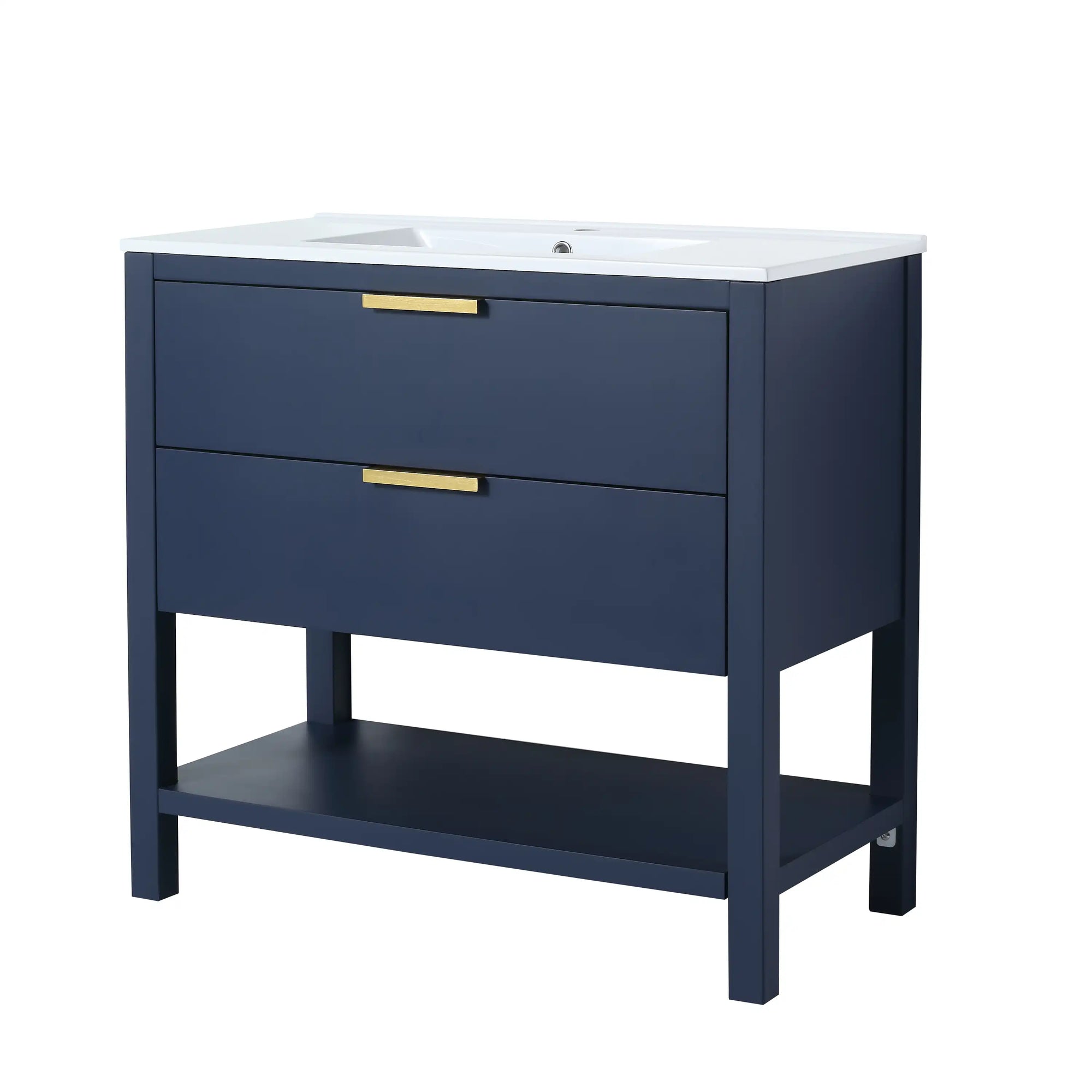 single 30 inch bathroom vanity freestanding design with bottom shelf storage, navy blue, 30" | Ace Decor