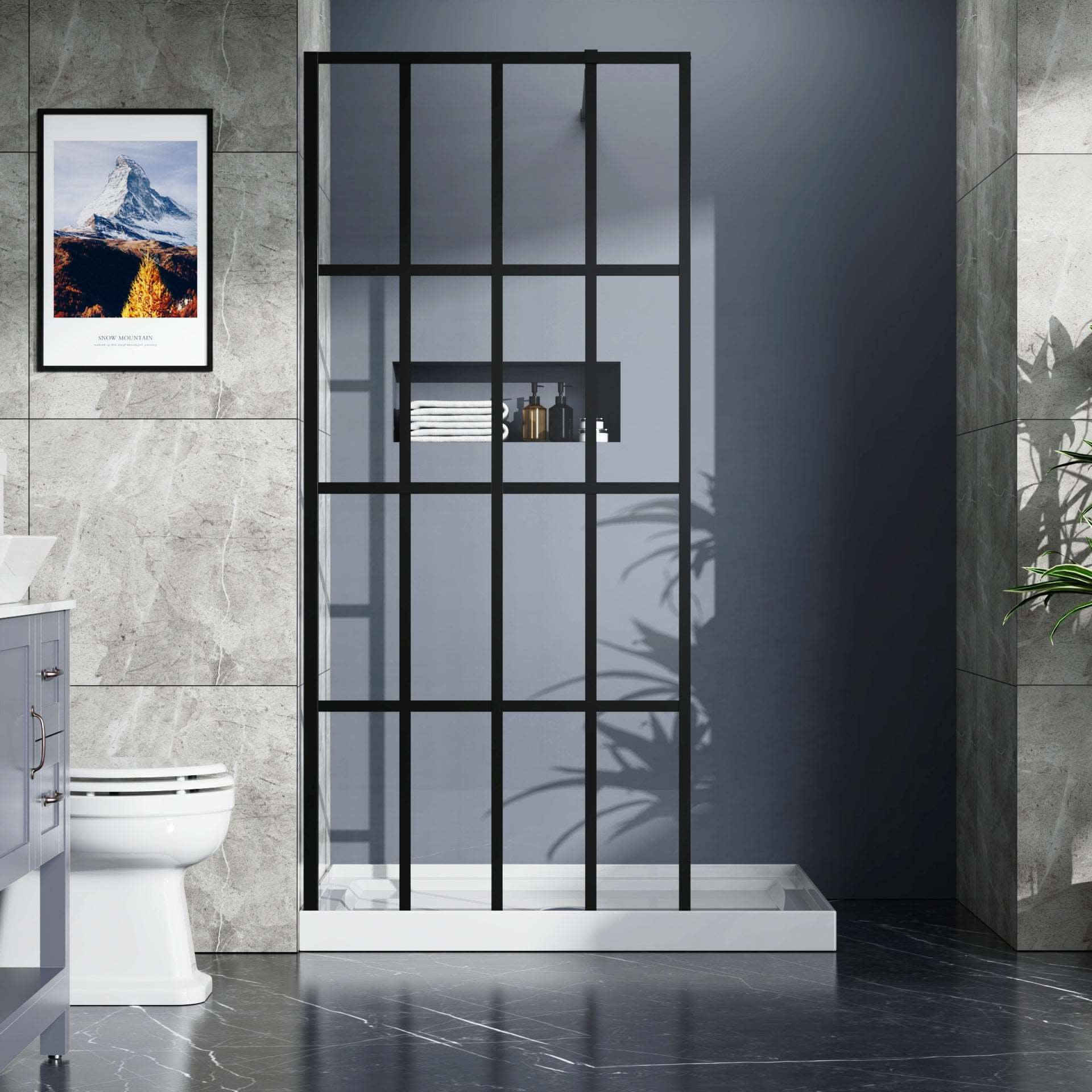 Shower Door Framed Walk-in Matte Black 16-Divided size:34*72