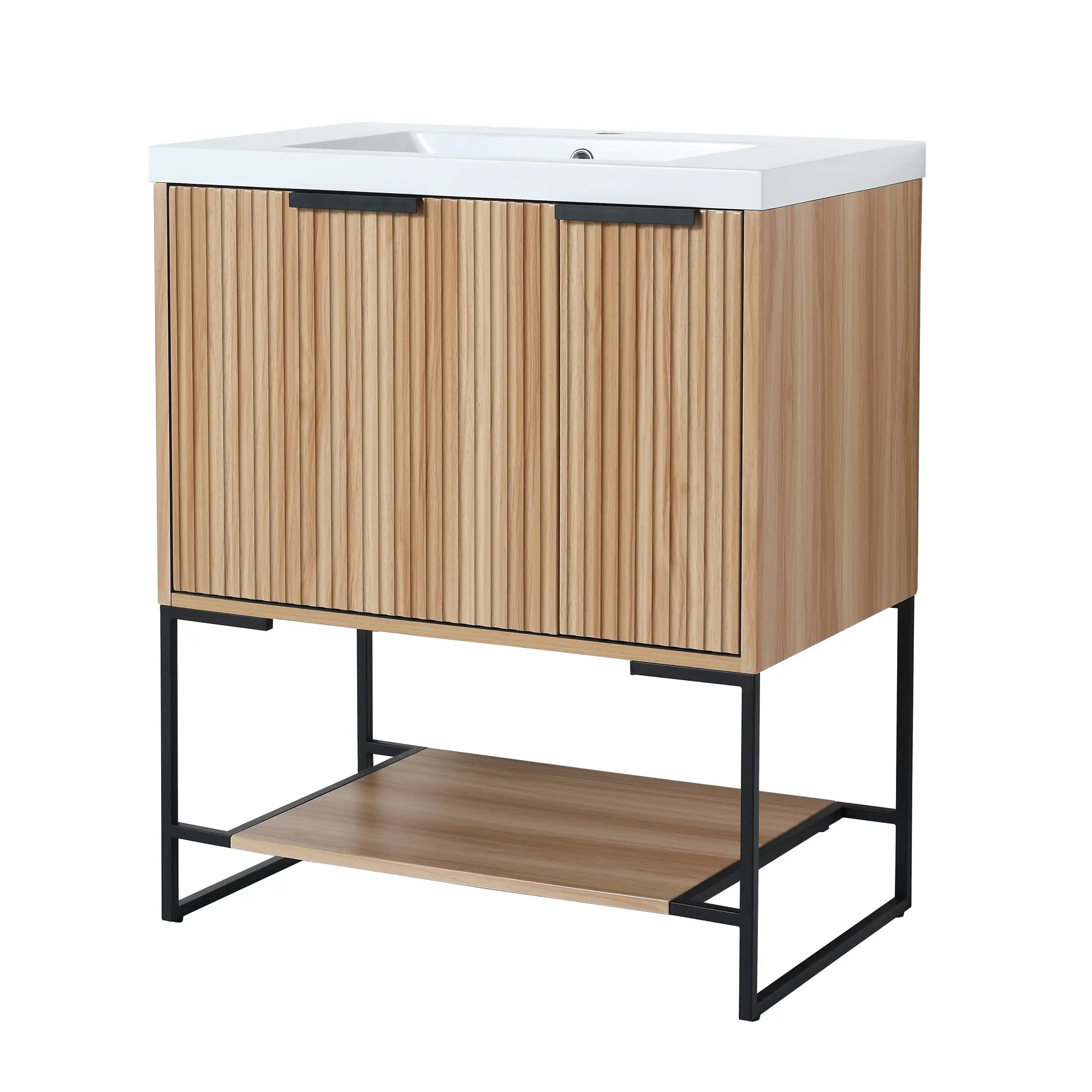 30" freestanding makeup vanity with integrated sink and fluted wood cabinet design | Ace Decor