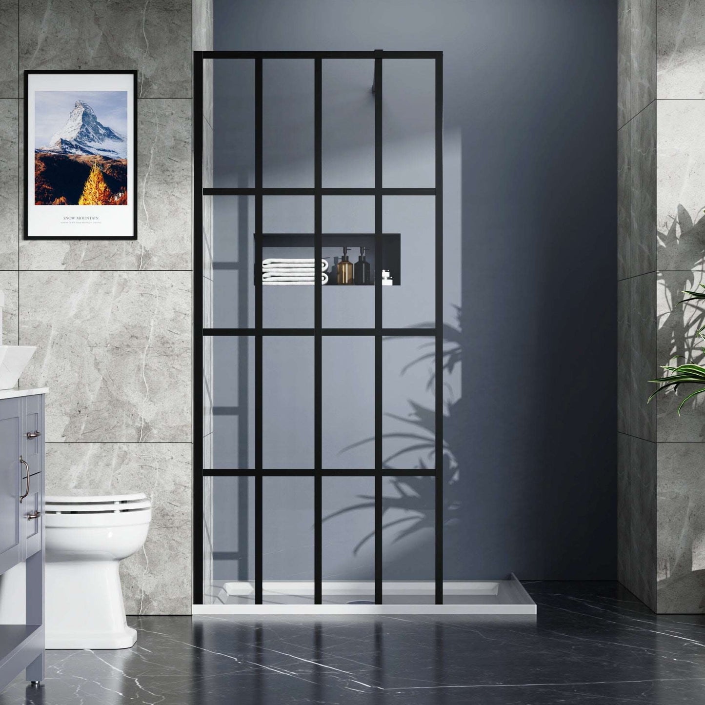 Shower Door Framed Walk-in Matte Black 16-Divided size:34*72