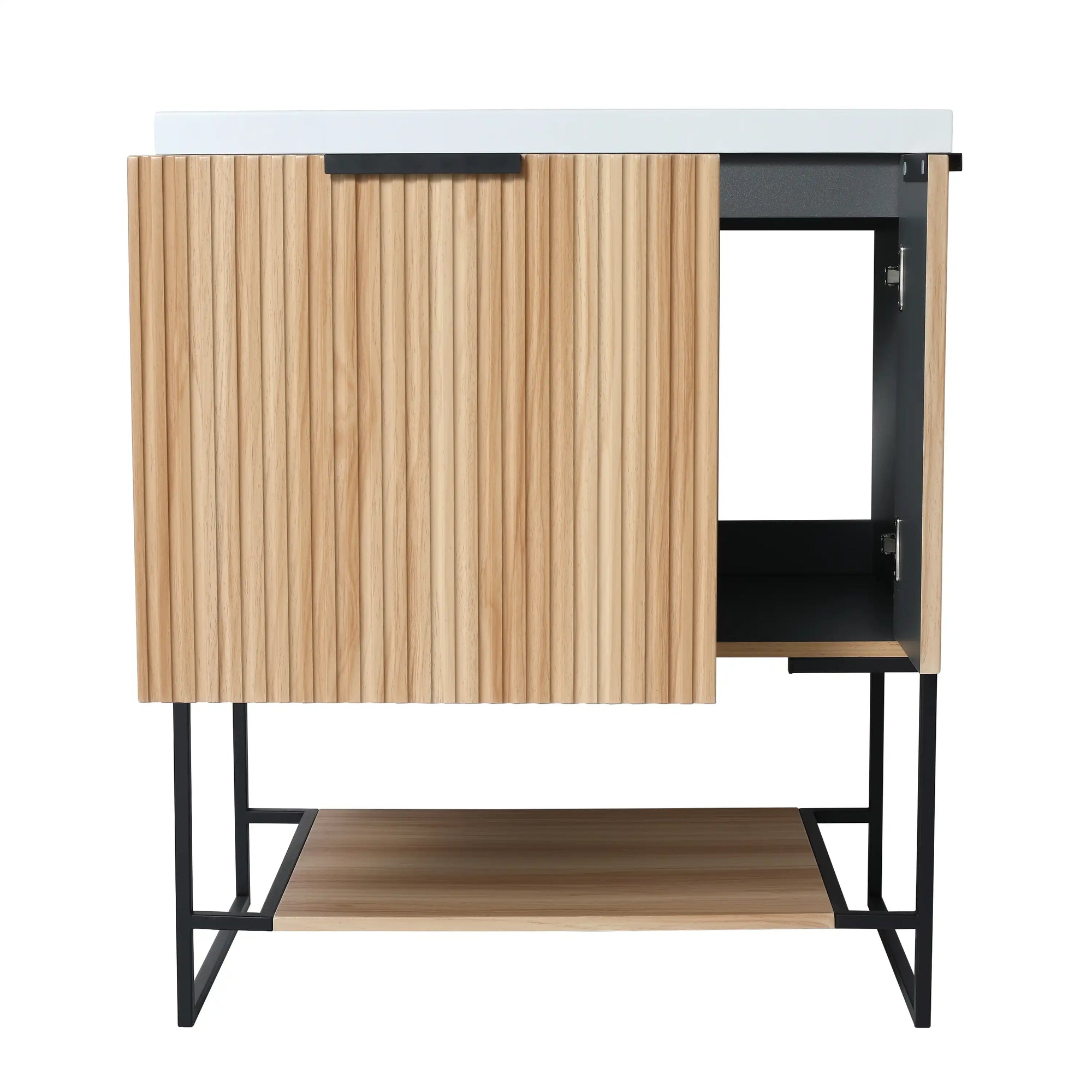 30" freestanding makeup vanity with cabinet door open showing interior storage space | Ace Decor