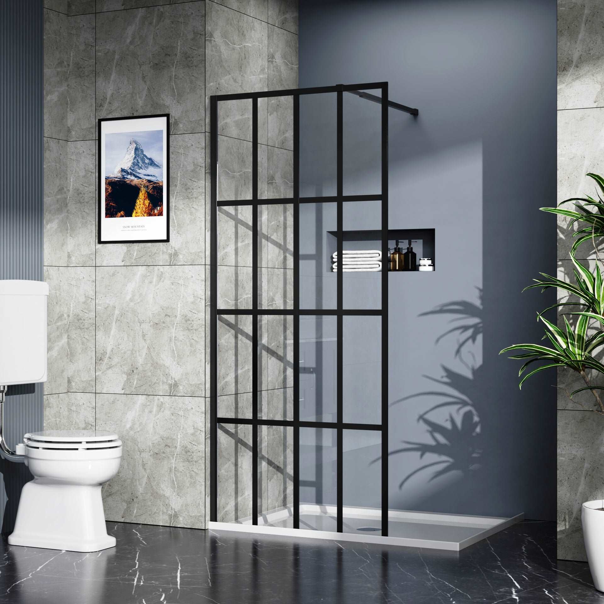 A bold, industrial-style bathroom featuring a black-framed grid shower screen with minimalist decor | ACE DECOR