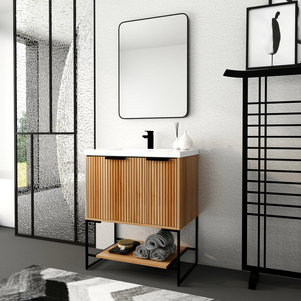 30" freestanding vanity in maple with sink and open shelf in modern bathroom setting.