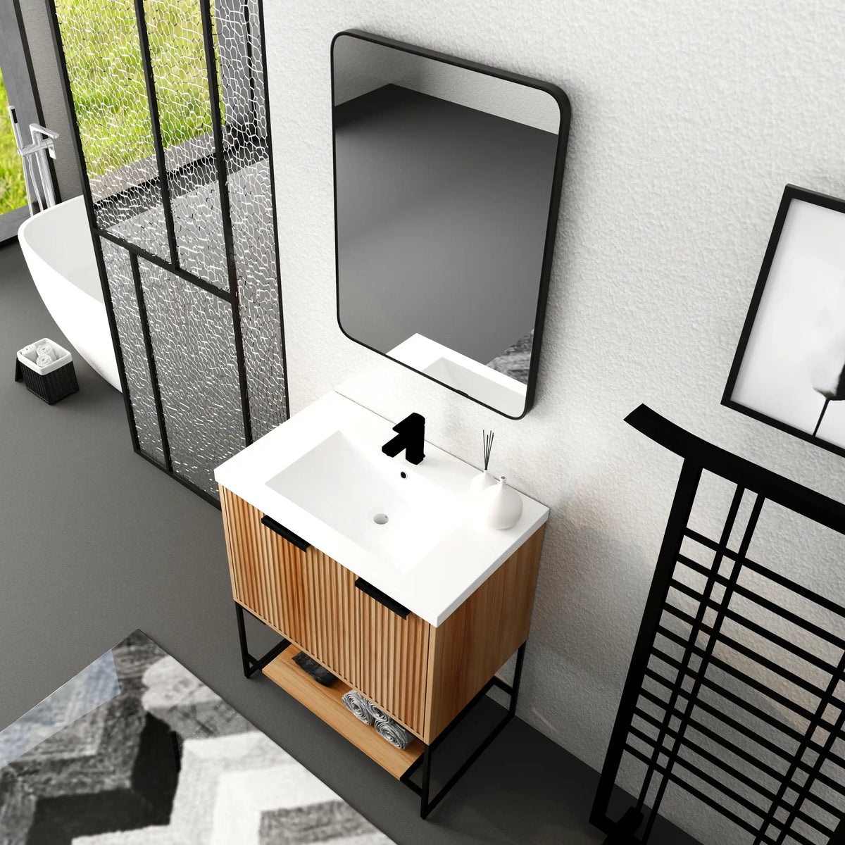 30" freestanding makeup vanity top view with sink and minimalist bathroom setup.