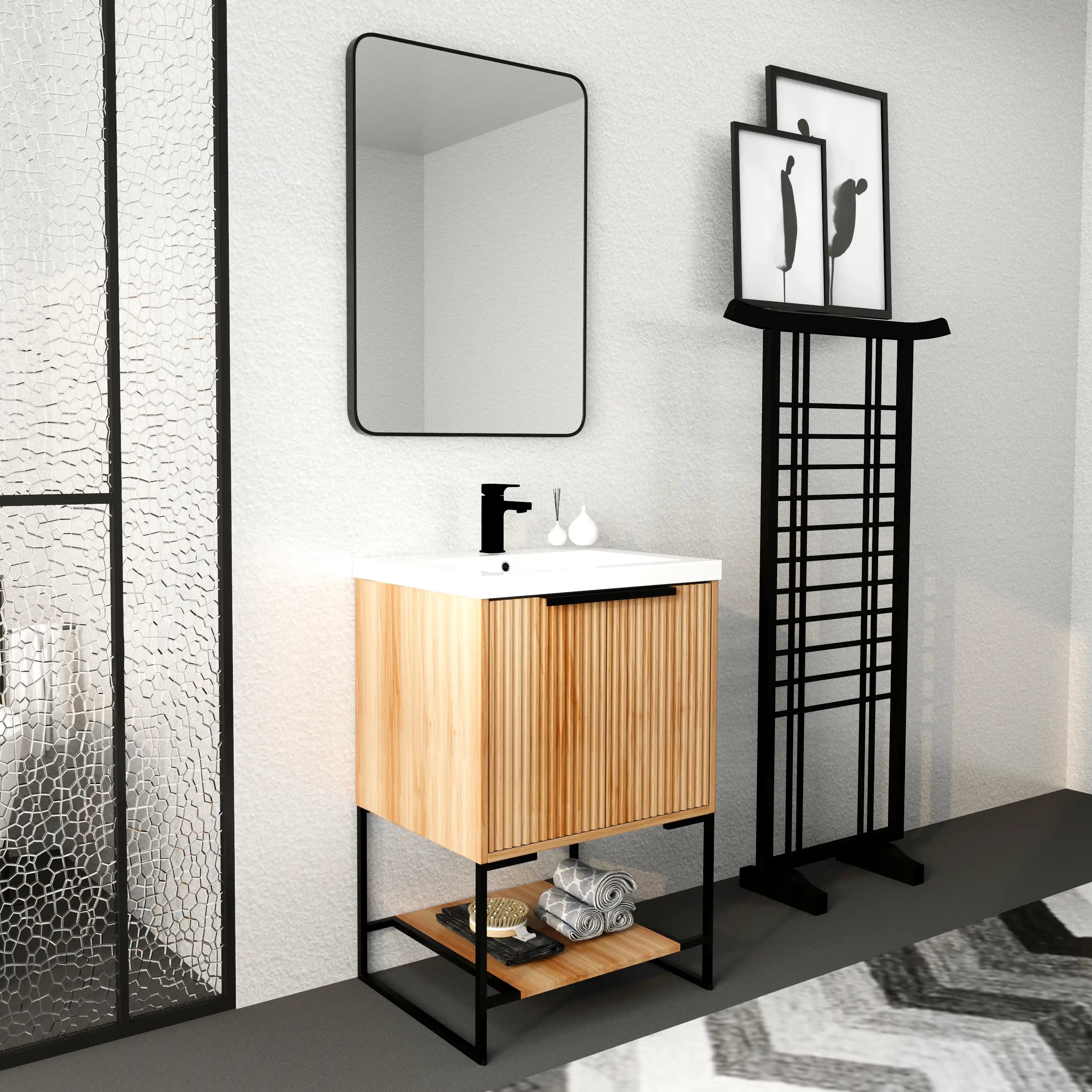 Maple 24 inch bathroom vanity with sink in modern bathroom setting with mirror and shelf.