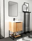 Freestanding 24 inch bathroom vanity with sink in modern bathroom setting with mirror and shelf | Ace Decor