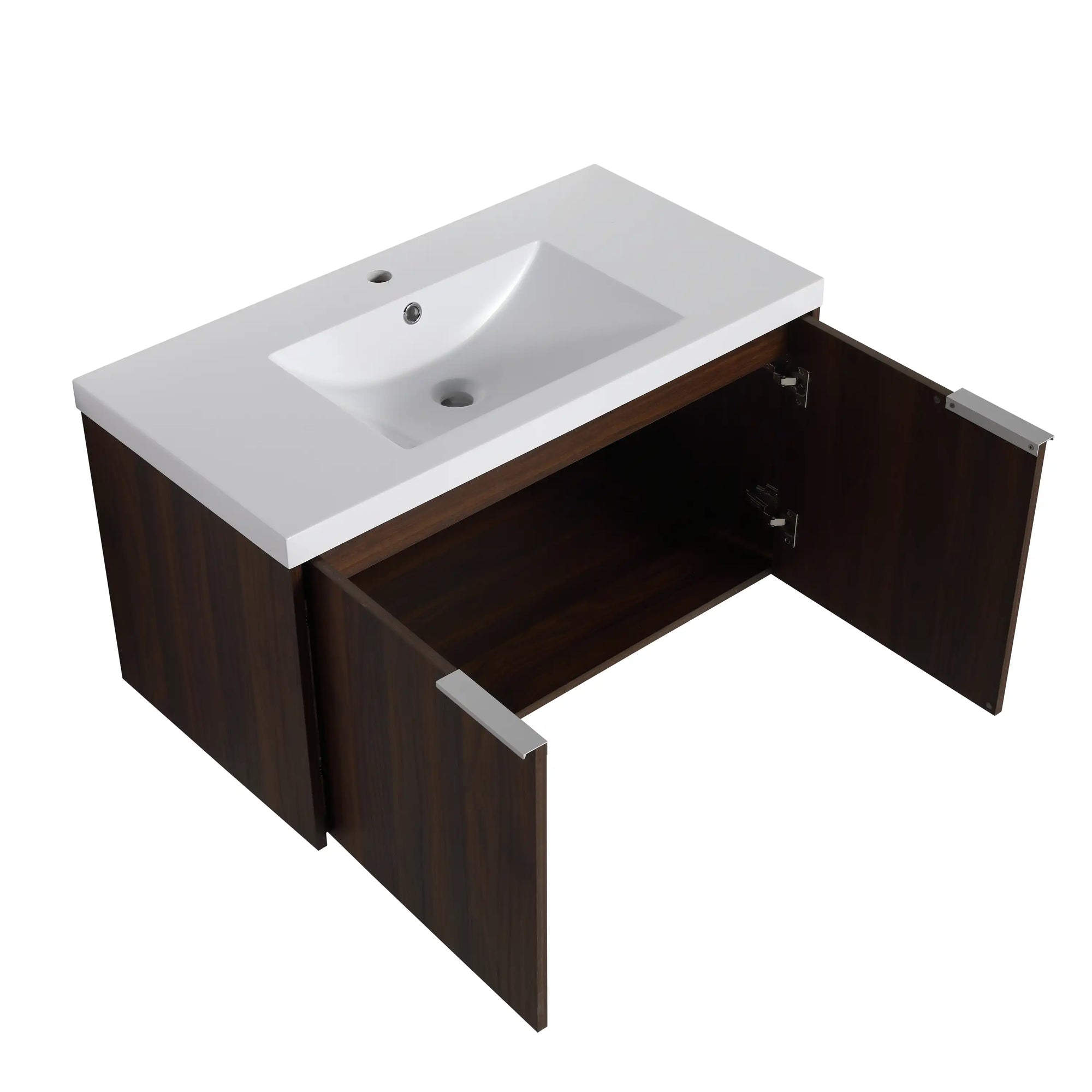 Monterey Series 84" Double Floating Bathroom Vanity in California Walnut with Side Cabinet and Integrated Sink