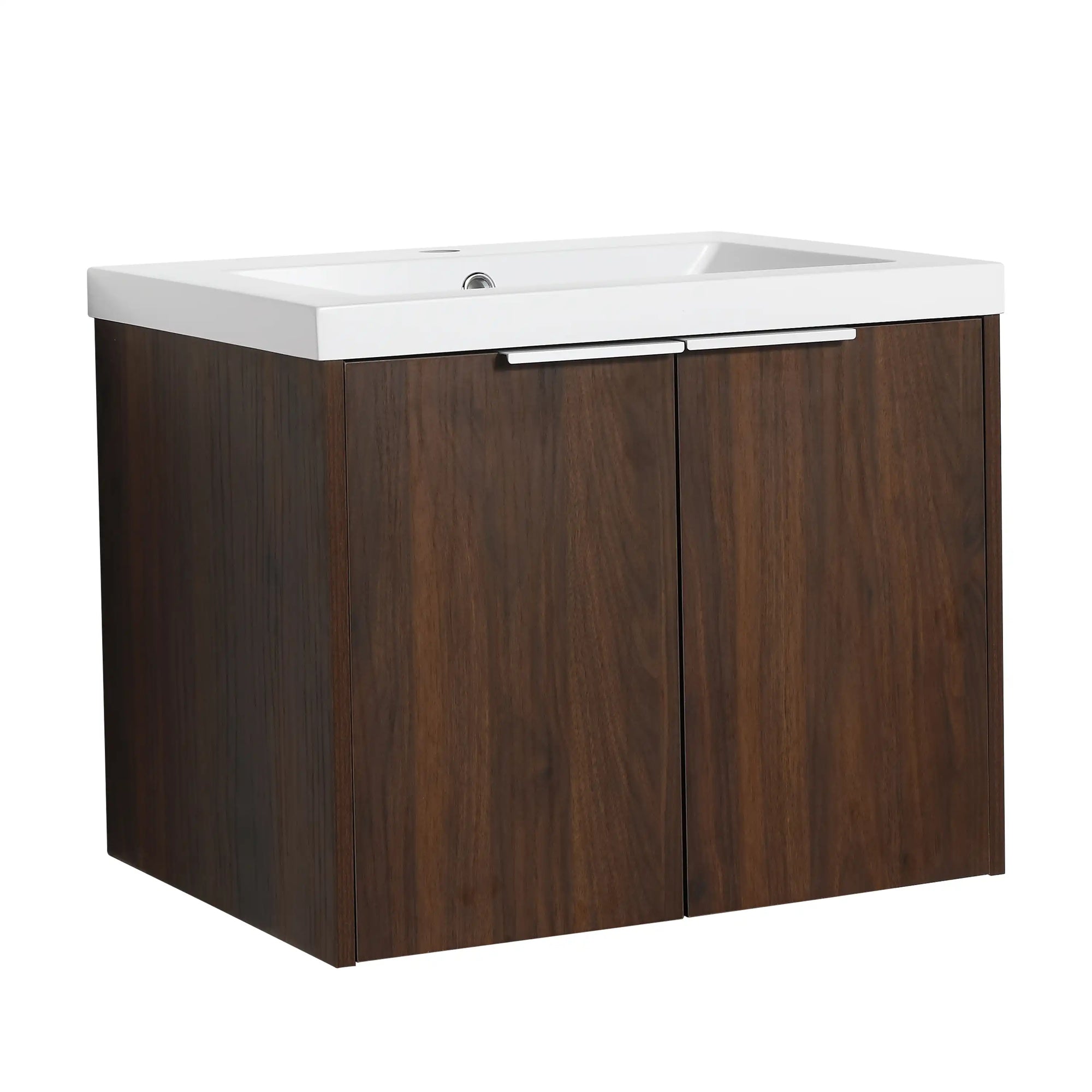 24" bathroom vanity walnut angled view with integrated sink and double-door cabinet | Ace Decor