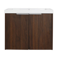 24" bathroom vanity walnut front view with integrated sink and double doors | Ace Decor