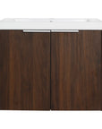 24" bathroom vanity walnut front view with integrated sink and double doors | Ace Decor