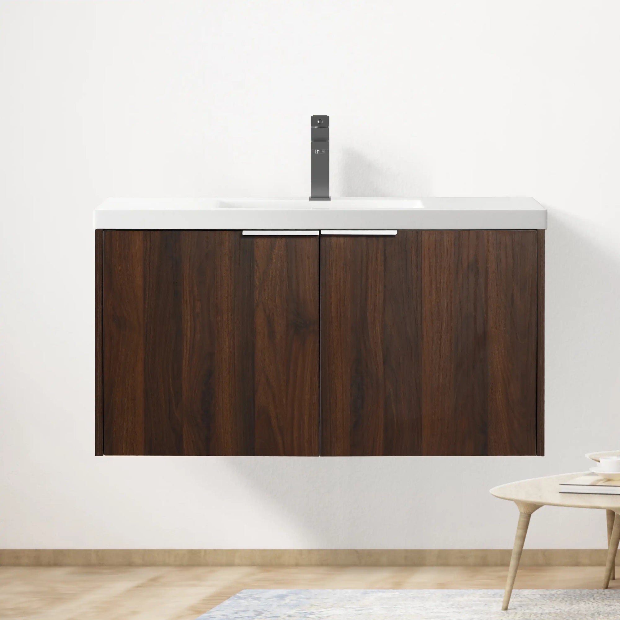 Monterey Series 36" Floating Bathroom Vanity in California Walnut with Integrated Sink and Double-Door Storage Cabinet