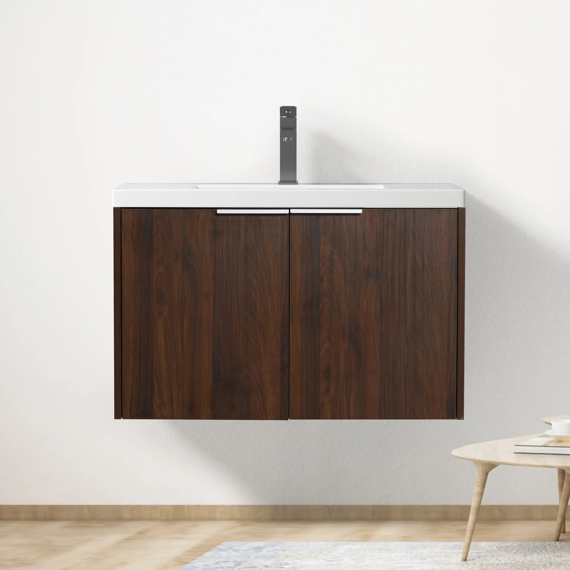 Monterey Series 30" Floating Bathroom Vanity in California Walnut with Integrated Sink and Double-Door Storage Cabinet