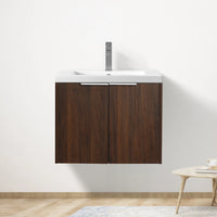 24" bathroom vanity walnut wall-mounted installation in modern bathroom setting | Ace Decor