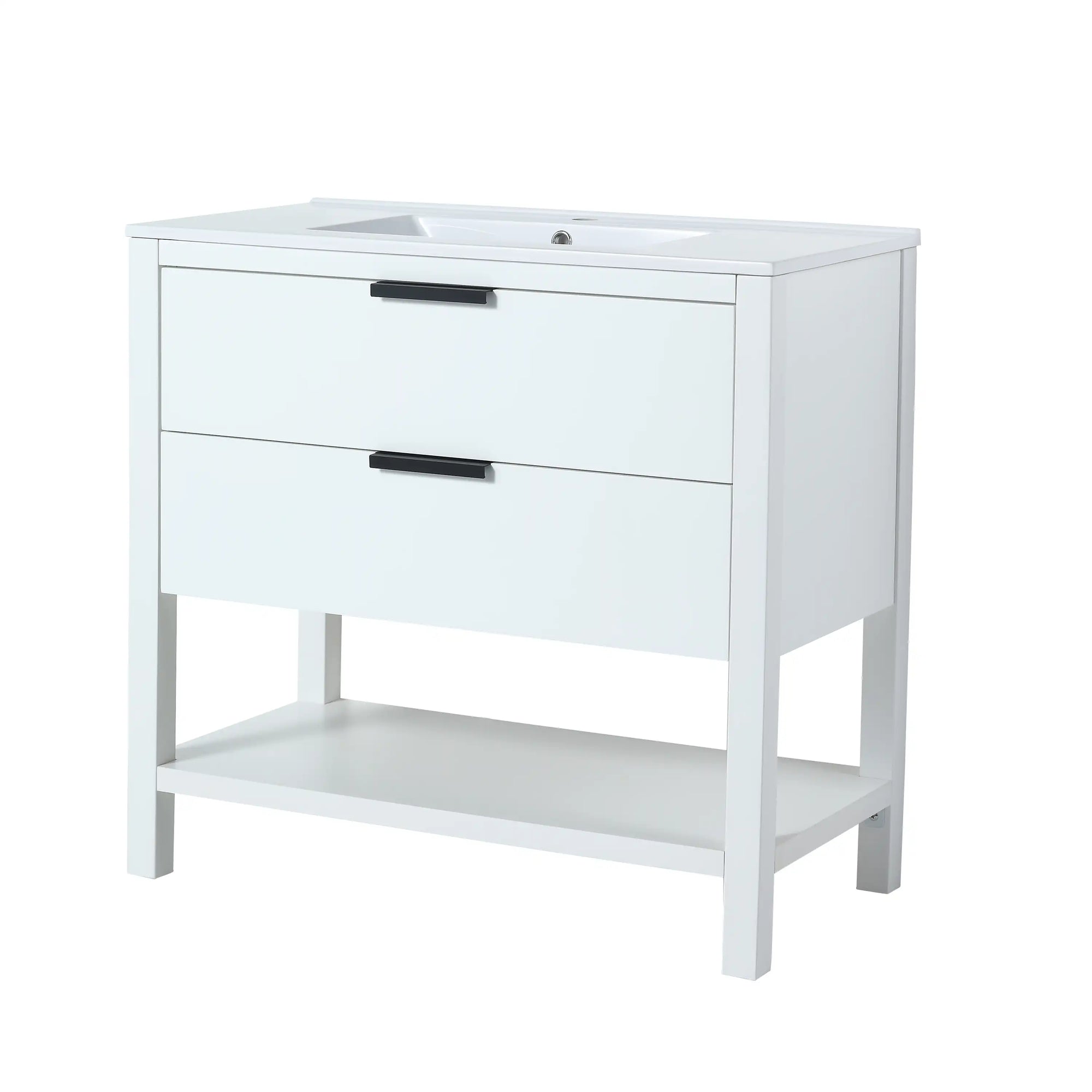 36" freestanding single bathroom vanity with sink angled view highlighting clean white finish | Ace Decor