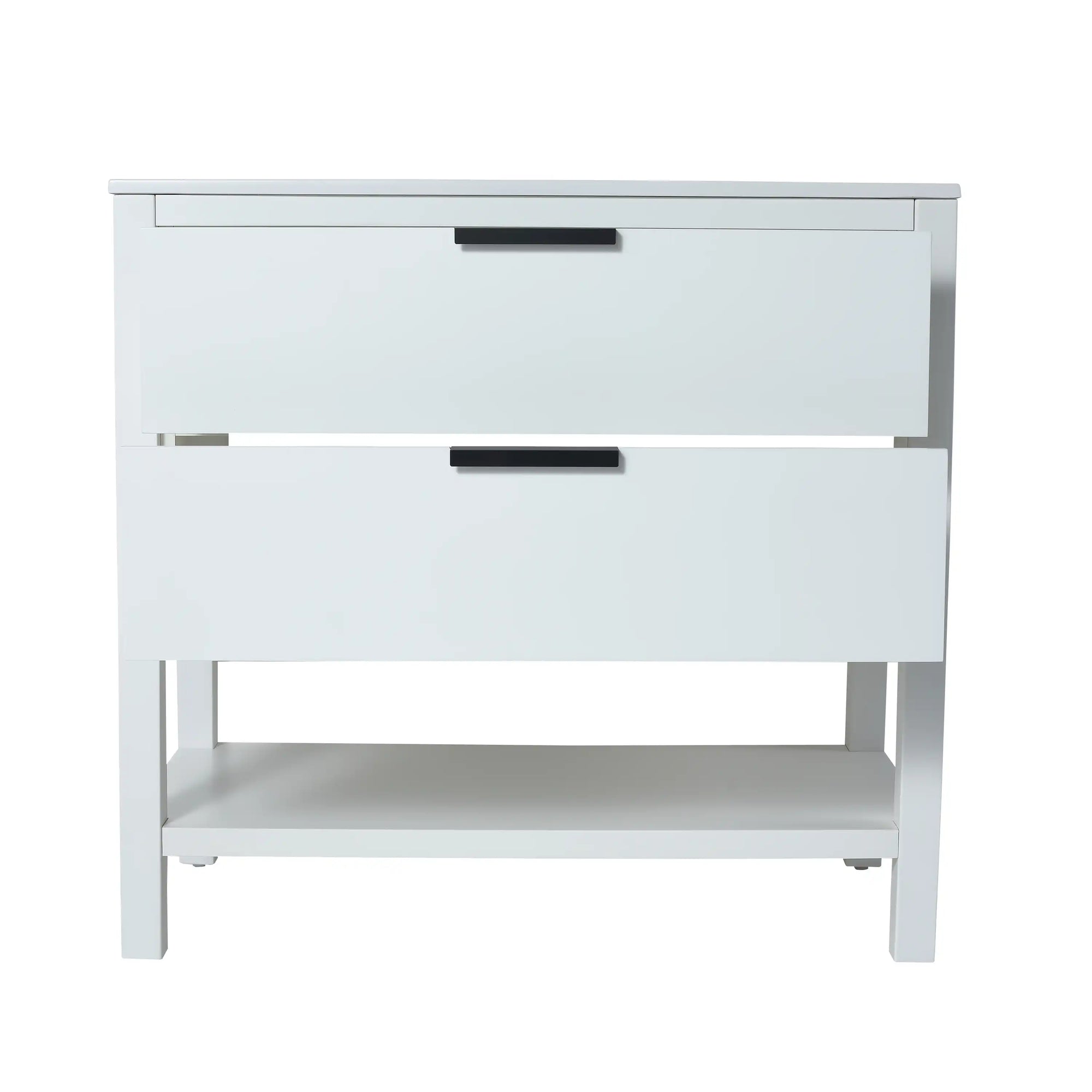 36" freestanding single bathroom vanity with sink front view with dual drawers and open shelf | Ace Decor