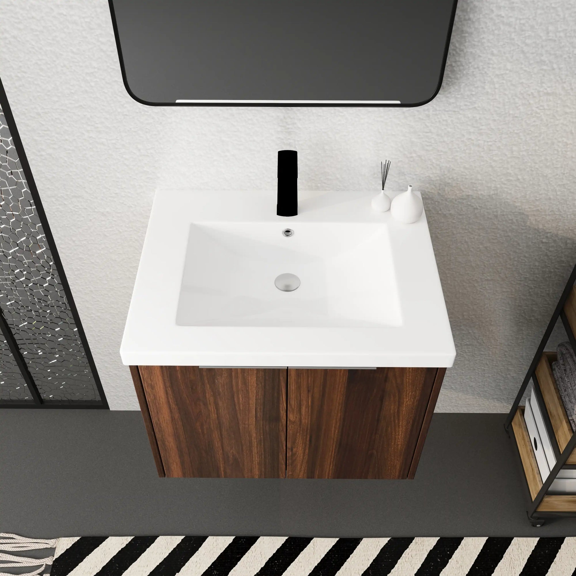 24" bathroom vanity walnut top view with integrated sink and faucet | Ace Decor