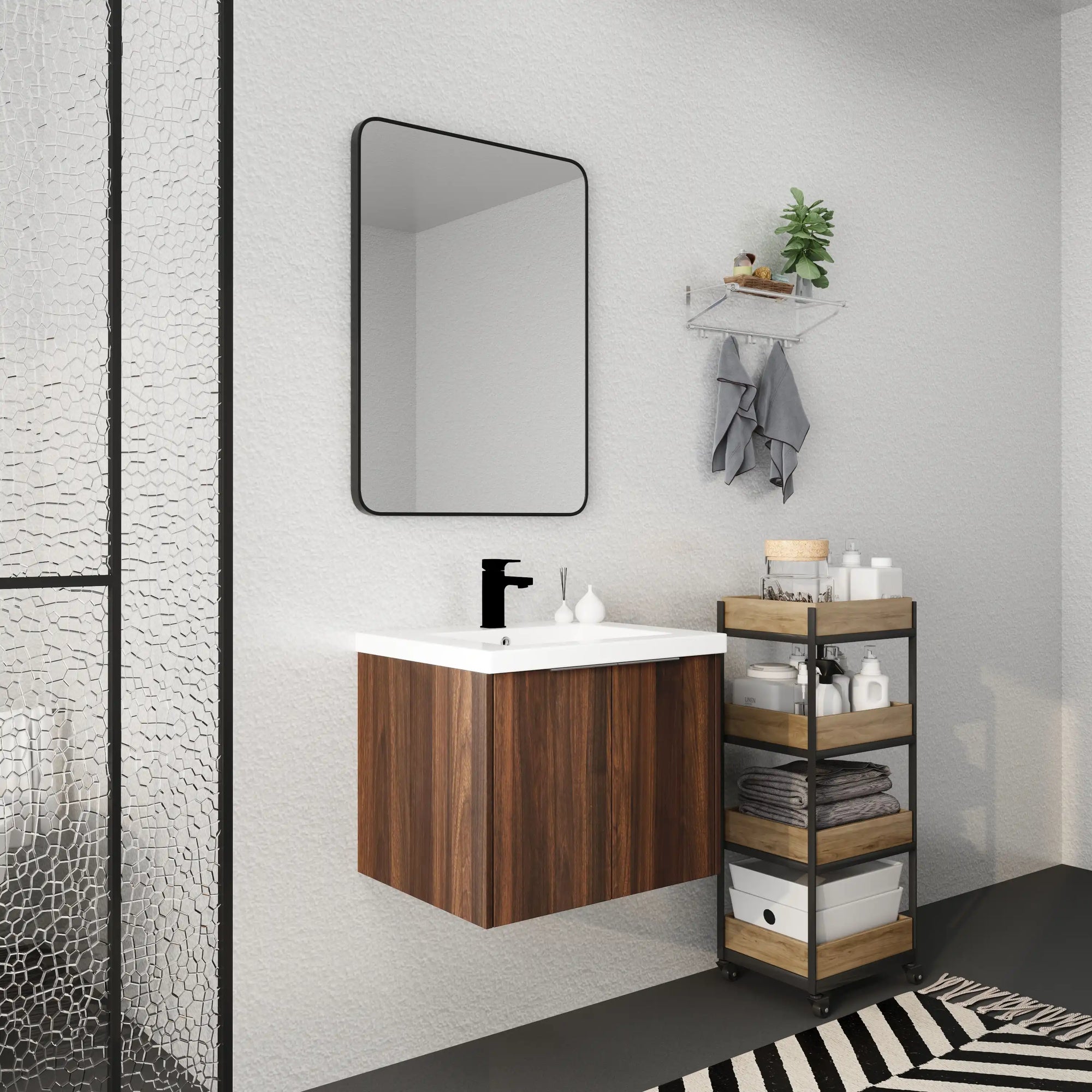 24" bathroom vanity walnut wall-mounted setup in modern bathroom space | Ace Decor