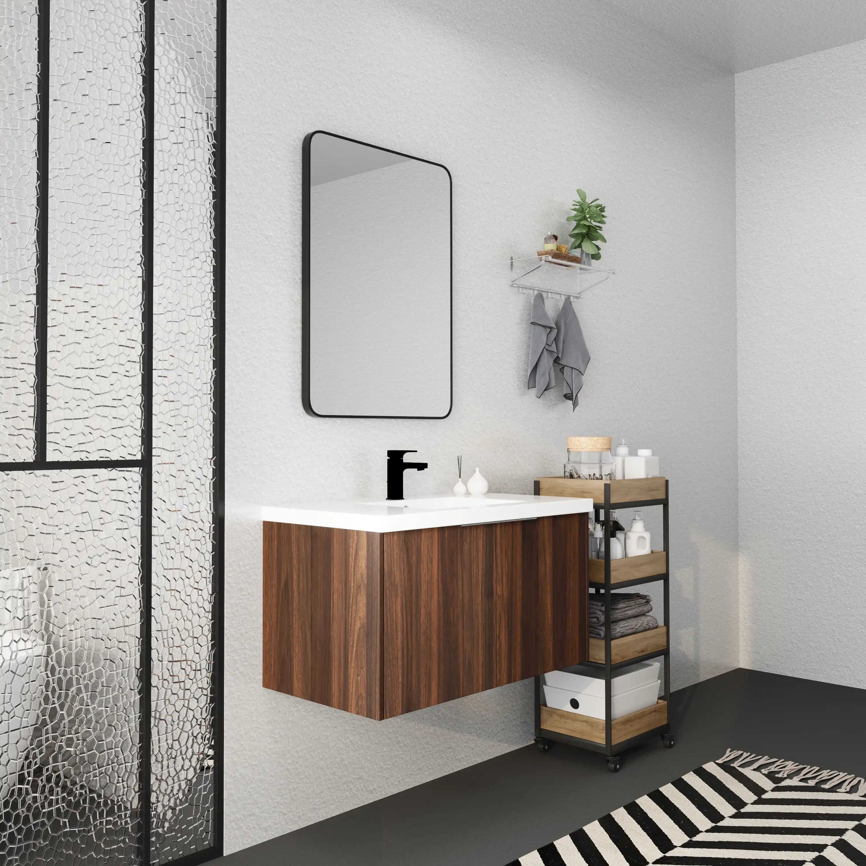 Monterey 36-inch floating vanity in california walnut with integrated sink in modern bathroom.