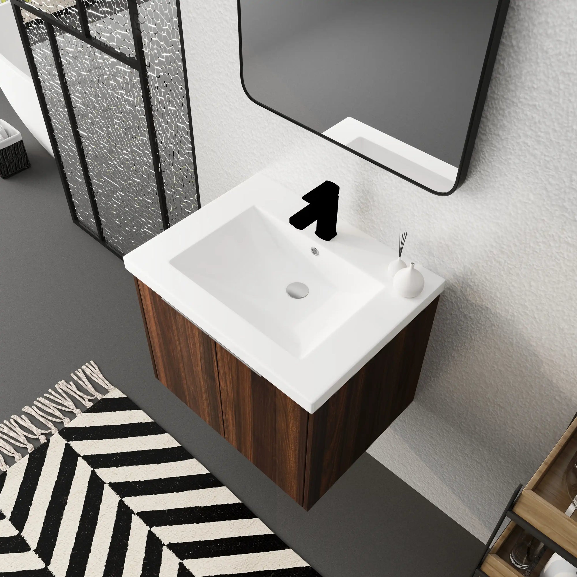 24" bathroom vanity walnut angled top view with integrated sink detail | Ace Decor