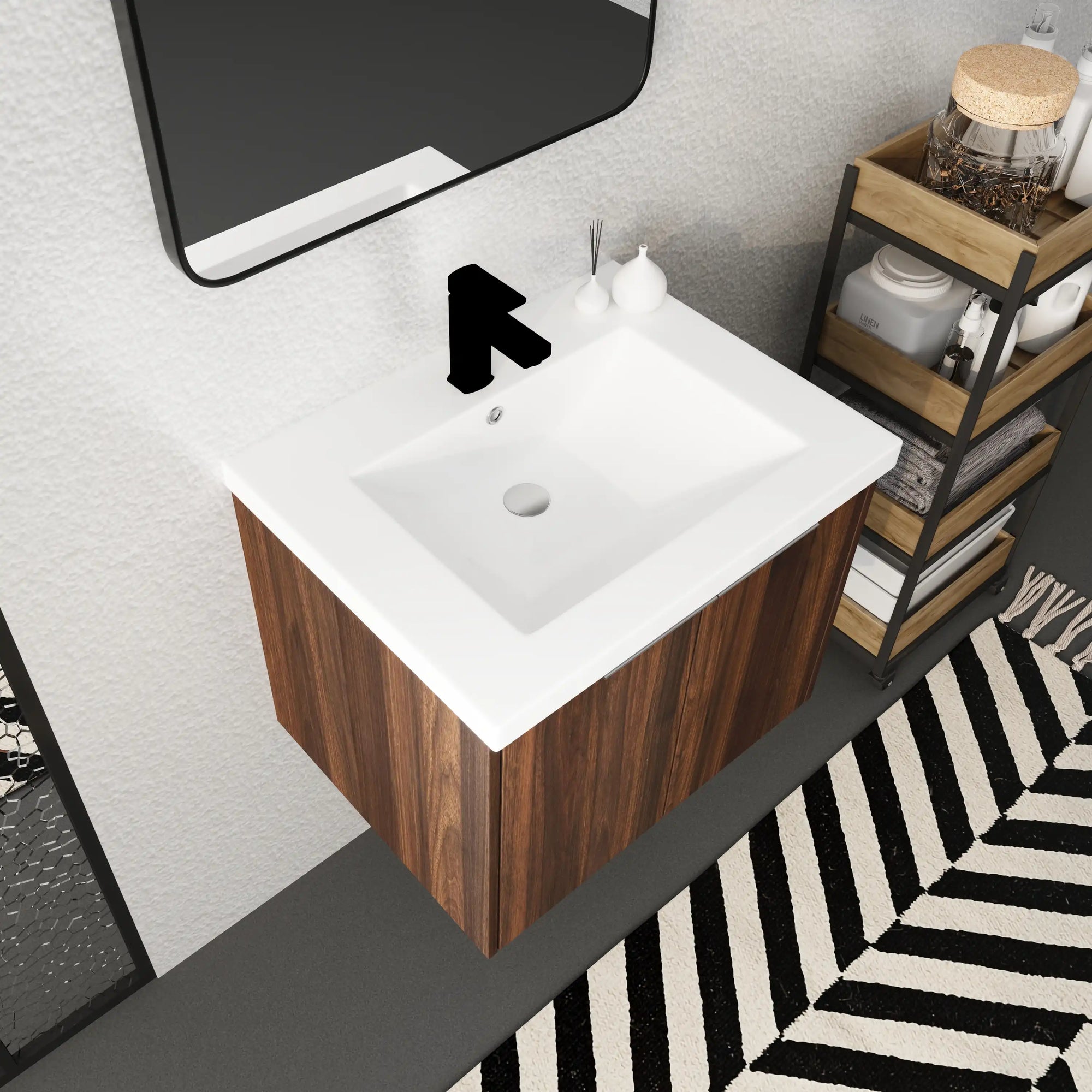 24" bathroom vanity walnut close-up of integrated sink and faucet area | Ace Decor