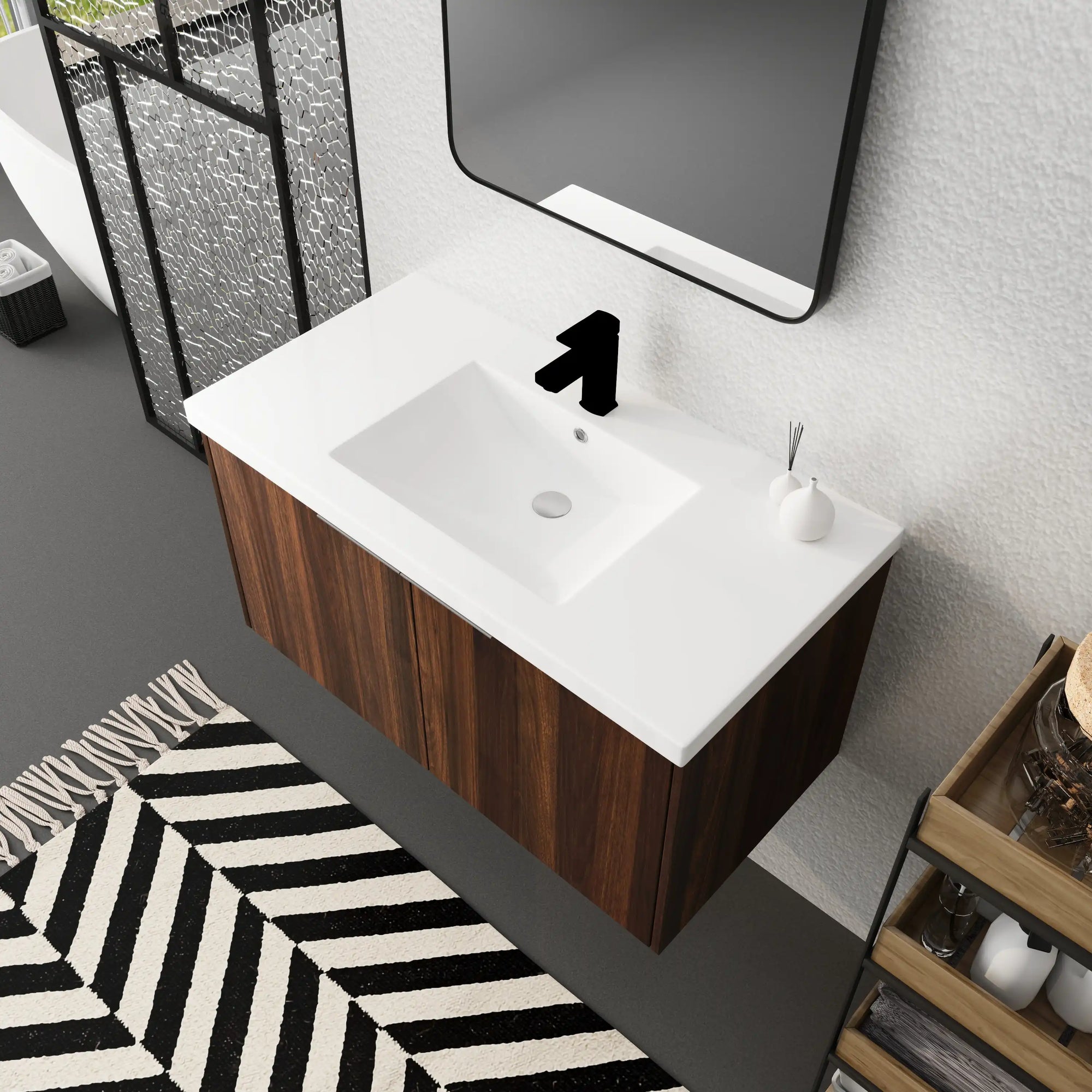 Monterey Series 36" Floating Bathroom Vanity in California Walnut with Integrated Sink and Double-Door Storage Cabinet