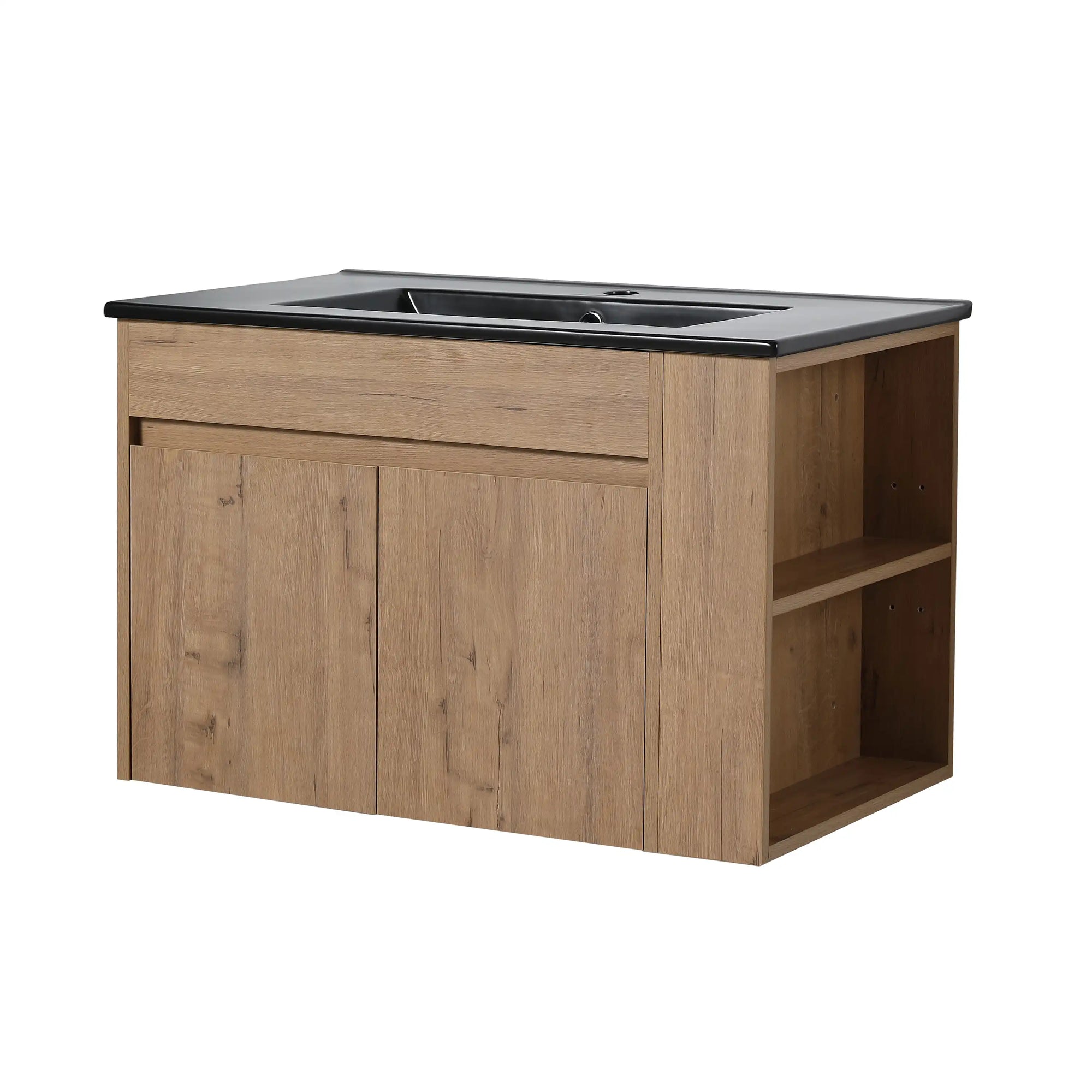 30" wall mounted vanity units front view with black sink and modern wood finish | Ace Decor