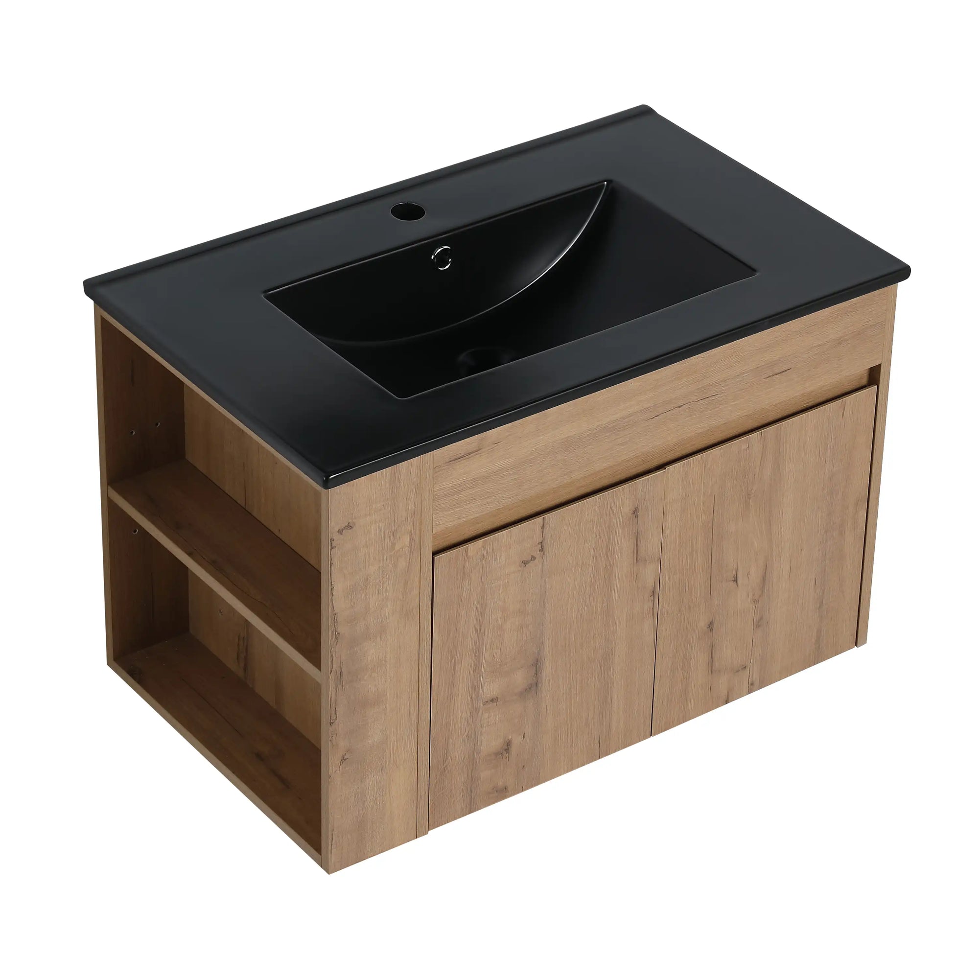 30" wall mounted vanity units with black ceramic sink and open side shelves | Ace Decor