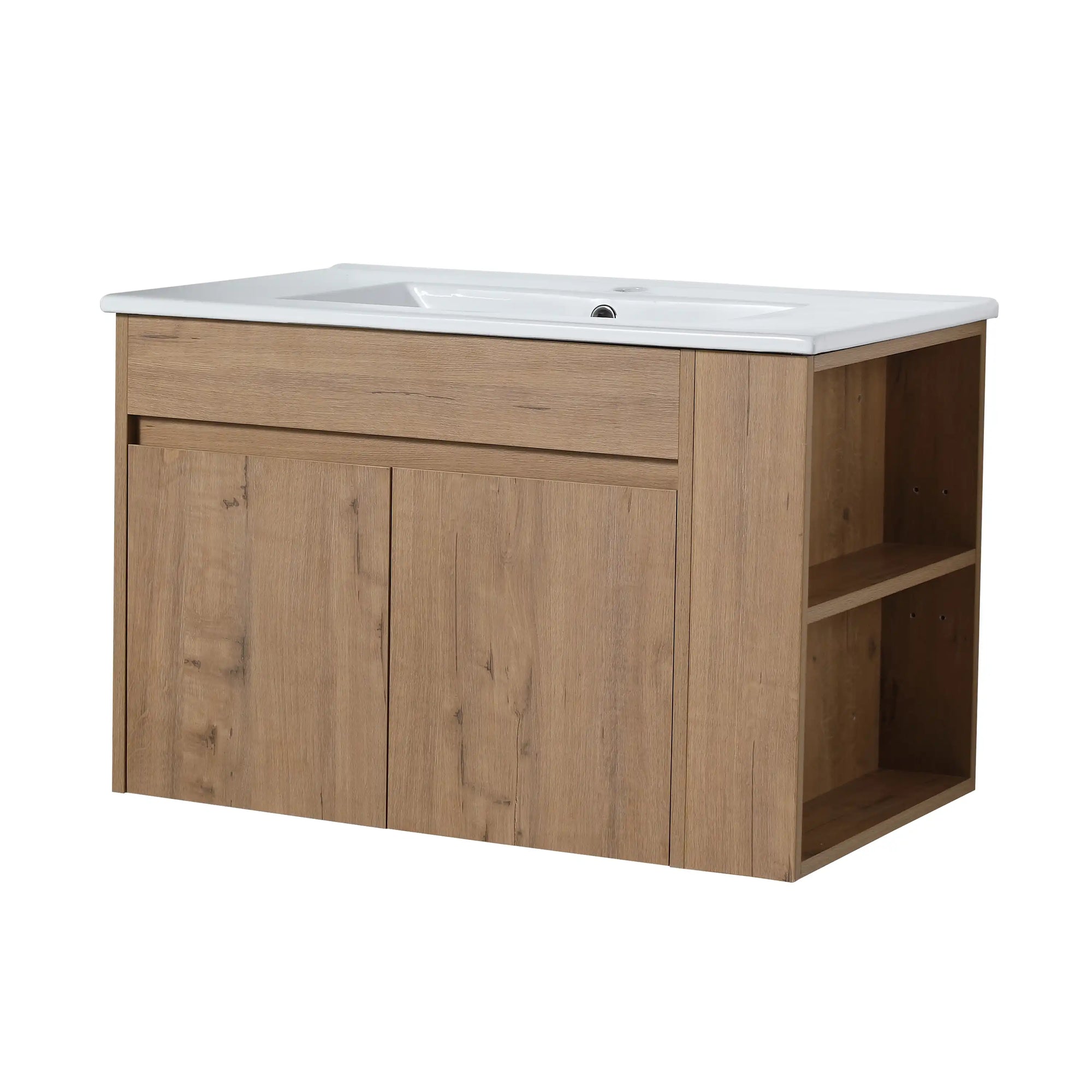 30" wall mounted vanity cabinet in oak finish with white ceramic sink top | Ace Decor