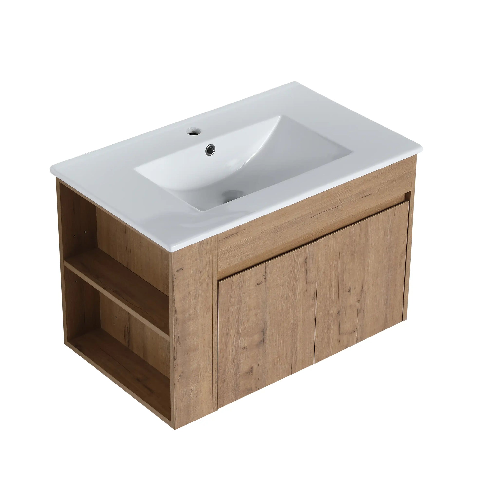 30" wall mounted vanity cabinet with open side shelving and white ceramic sink | Ace Decor