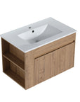 30" wall mounted vanity cabinet with open side shelving and white ceramic sink | Ace Decor