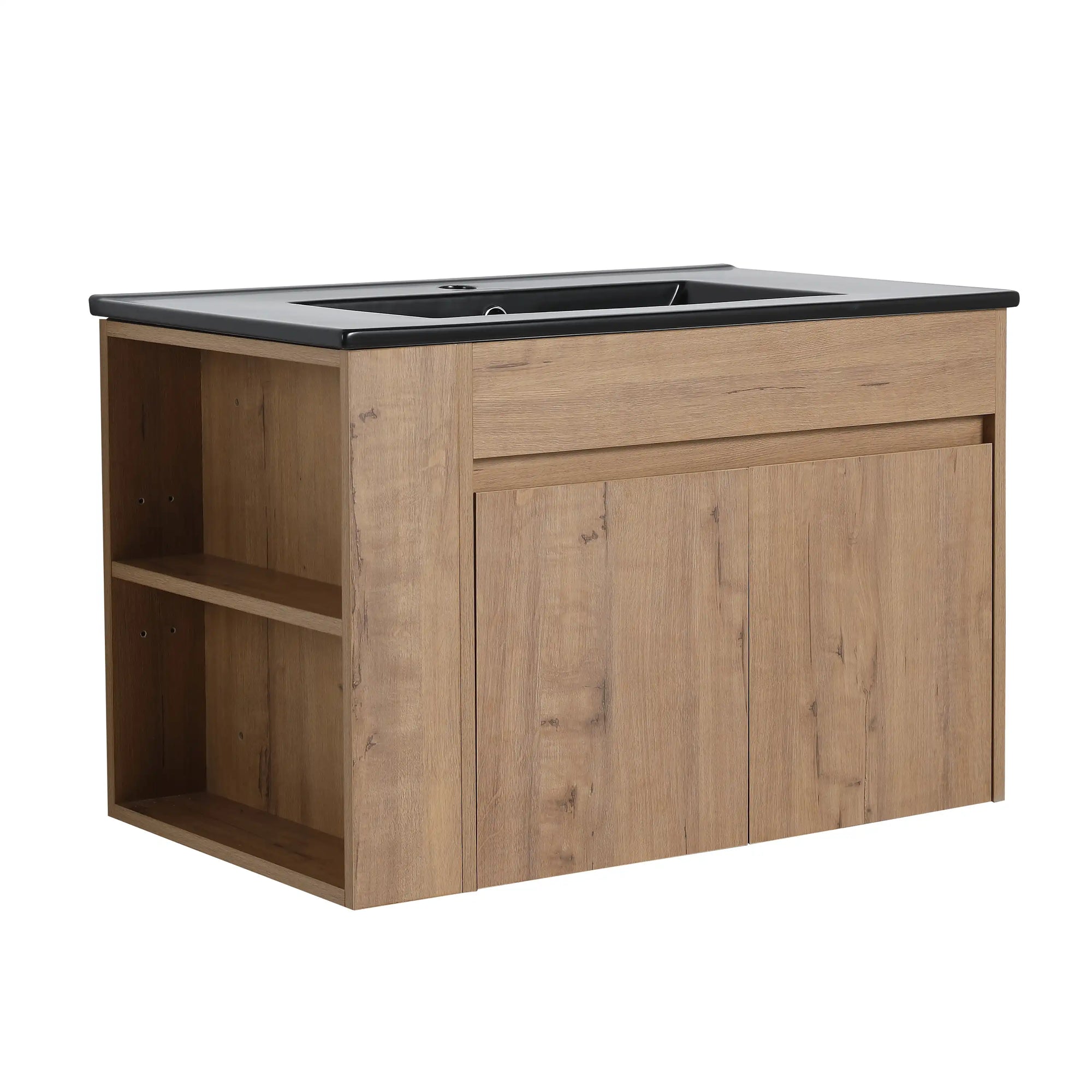 30" wall mounted vanity units angled view with adjustable open shelving and double doors | Ace Decor