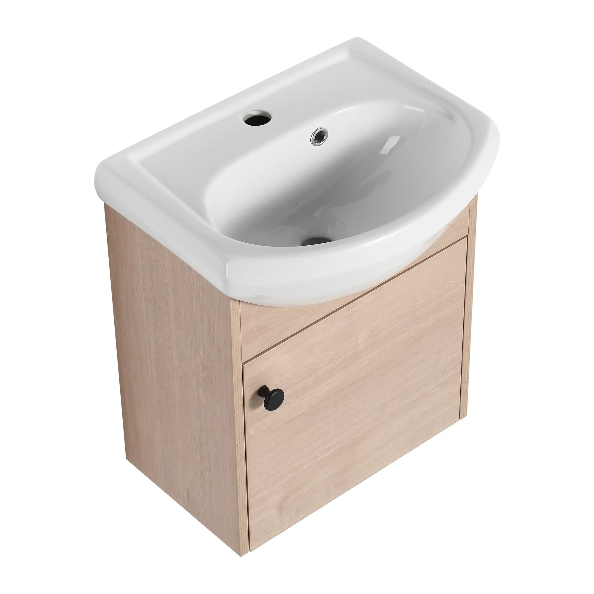 18" small bathroom vanity with sink showing sculpted bowl sink and single-door storage, angled view | Ace Decor