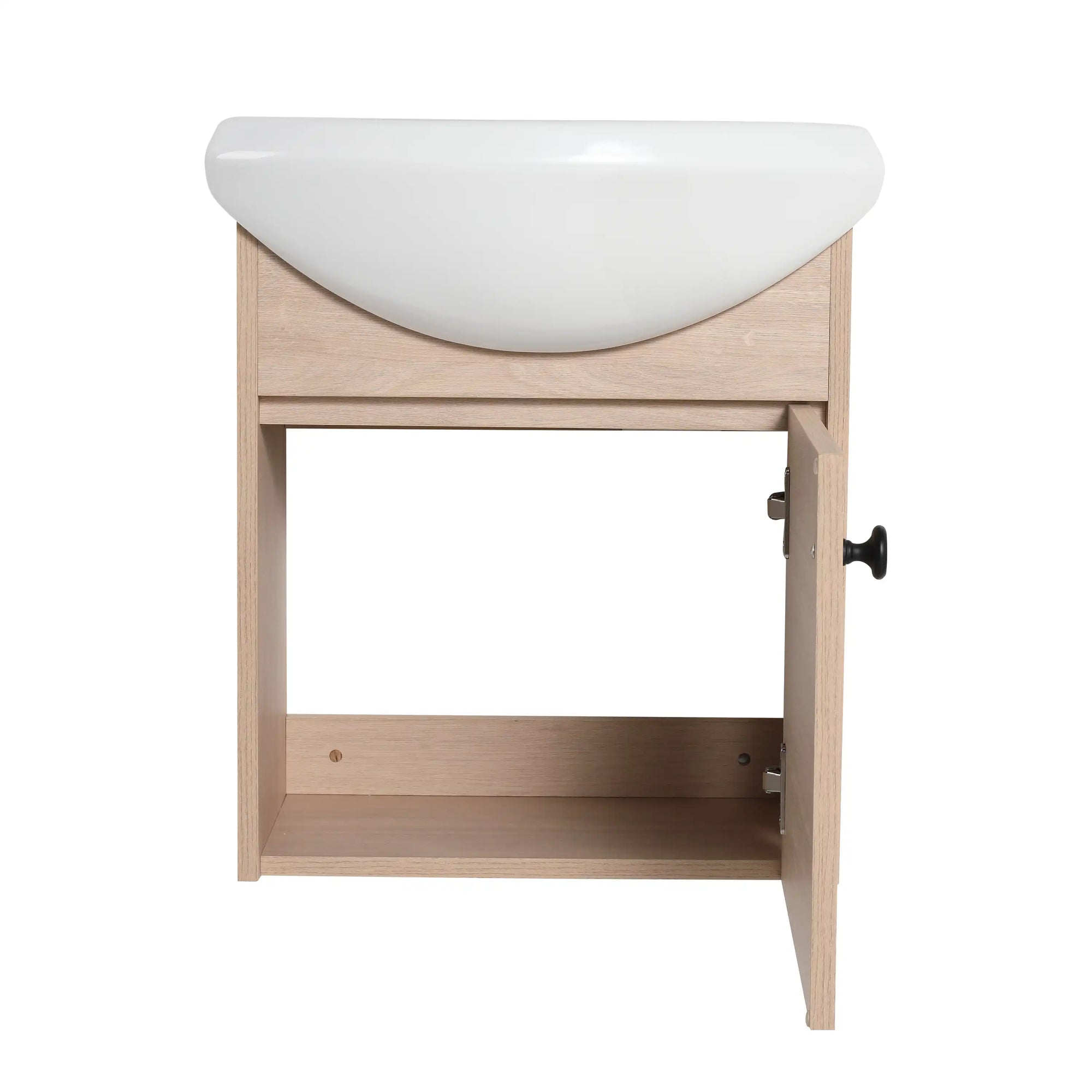 18" small bathroom vanity with sink featuring curved ceramic basin and wood cabinet, front view | Ace Decor