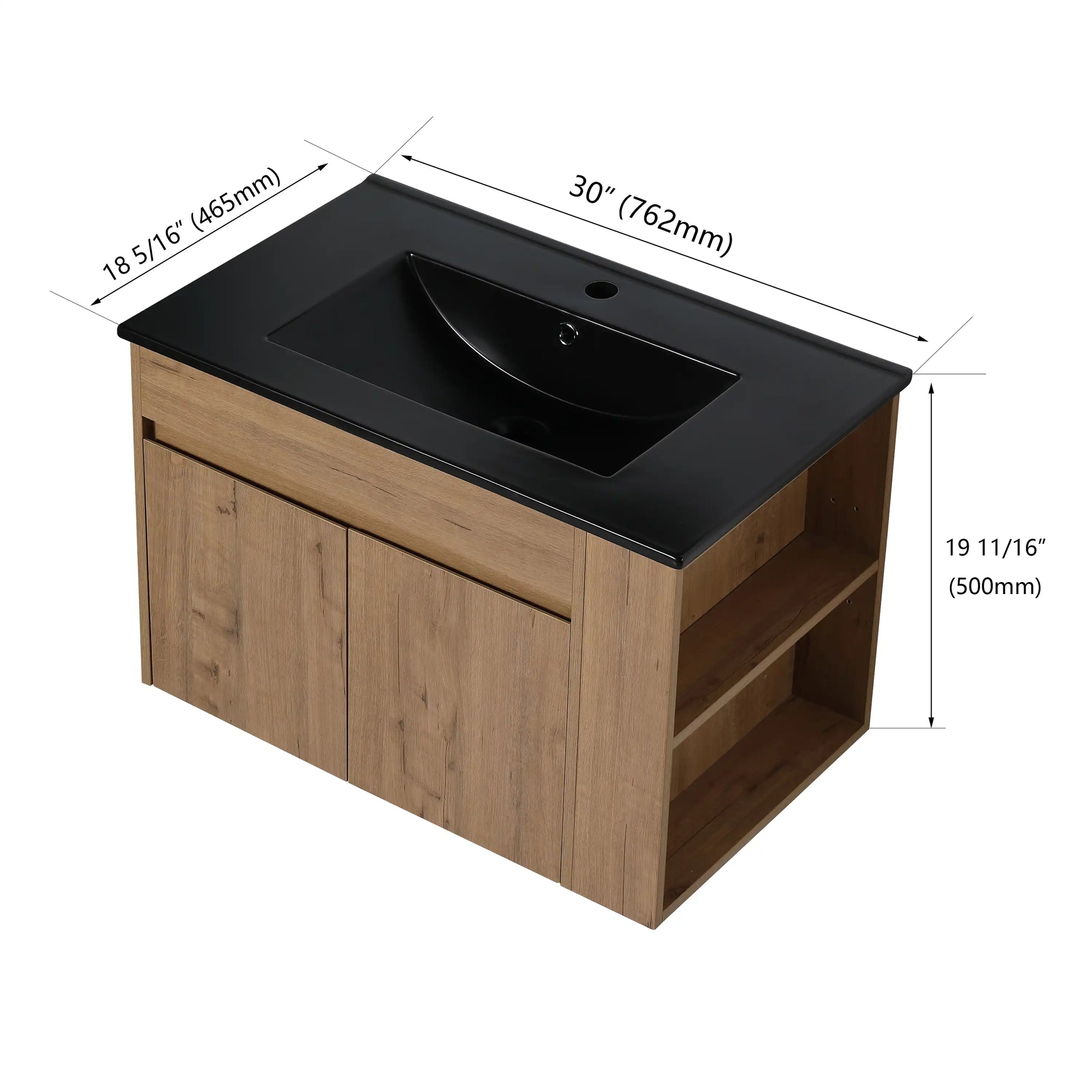 30" wall mounted vanity units with black ceramic sink and side open shelf detail view | Ace Decor