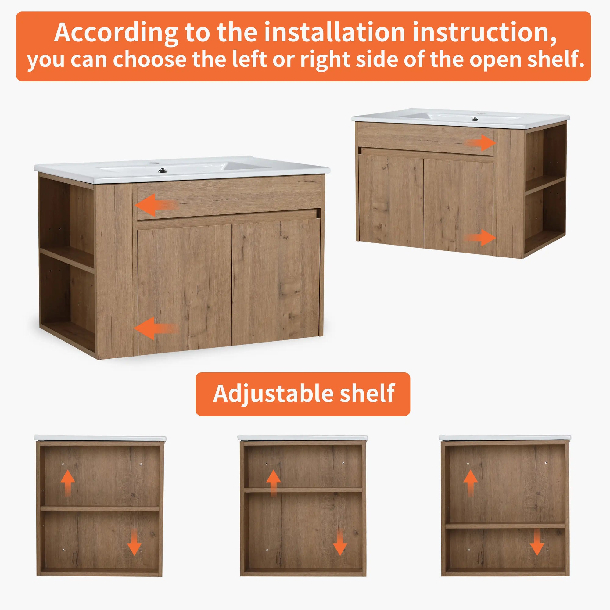 30" wall mounted vanity cabinet with reversible open shelf and adjustable storage | Ace Decor
