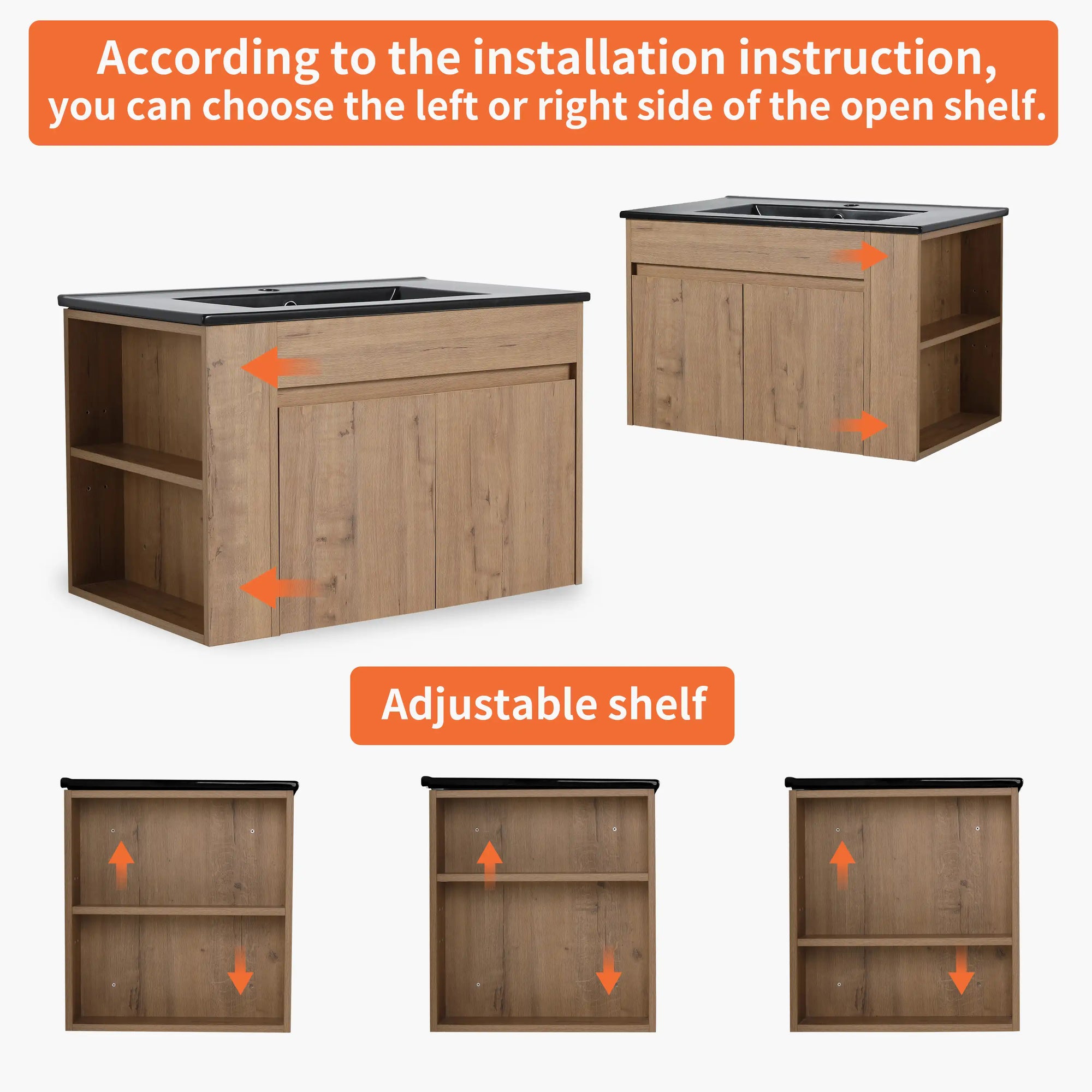 30" wall mounted vanity units with adjustable open shelf and double door cabinet | Ace Decor
