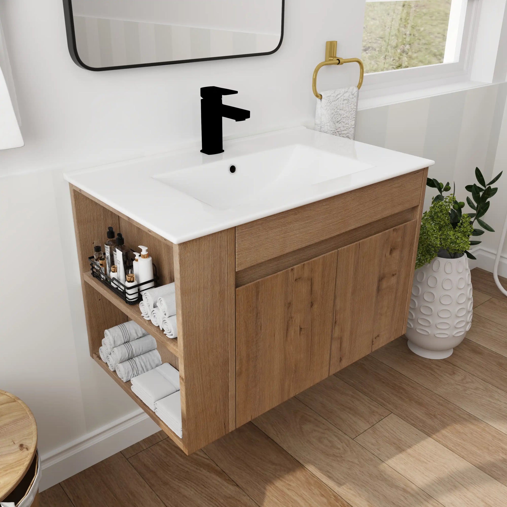 30" wall mounted vanity cabinet with open side shelving for towels and essentials | Ace Decor